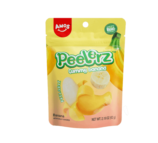 Sweet Palace Peelerz Banana gummy candy in a 6 oz bag, featuring realistic banana shape and bright yellow color.