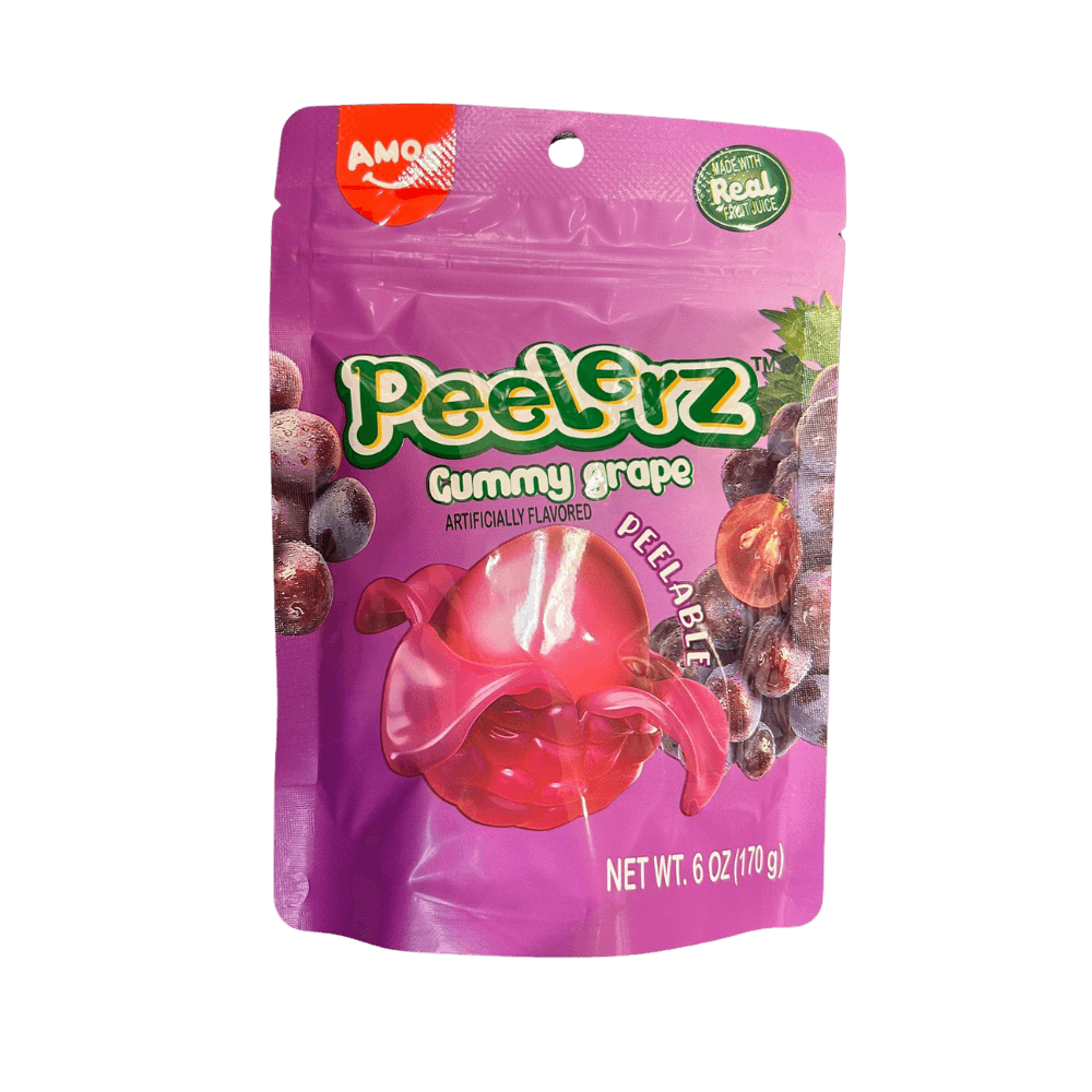 Sweet Palace Peelerz Grape candy in a 6 oz package with colorful grape-shaped candies.