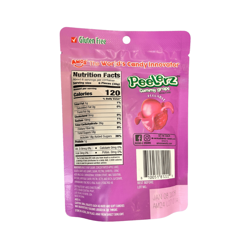 Sweet Palace Peelerz Grape 6 oz candy bag with colorful grape-shaped candies in a clear bag.
