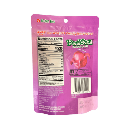 Sweet Palace Peelerz Grape 6 oz candy bag with colorful grape-shaped candies in a clear bag.