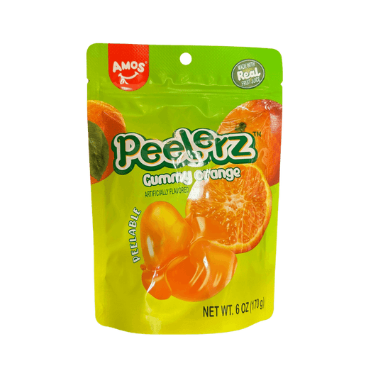 Sweet Palace Peelerz Orange gummy candy in a 6 oz orange shape, front view showing bright color and detailed texture.