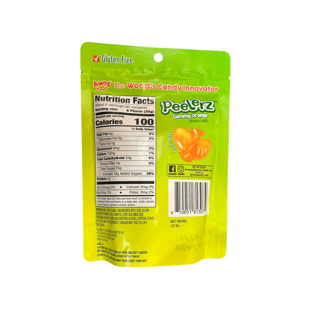 Peelerz Orange candy by Sweet Palace in a 6 oz bag, bright orange coated sweet candies with a glossy finish.