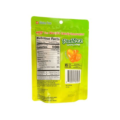 Peelerz Orange candy by Sweet Palace in a 6 oz bag, bright orange coated sweet candies with a glossy finish.