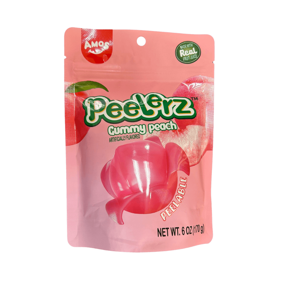 Sweet Palace Peelerz Peach candy in a 6 oz package, featuring peach-shaped gummy candies with a fruity flavor.