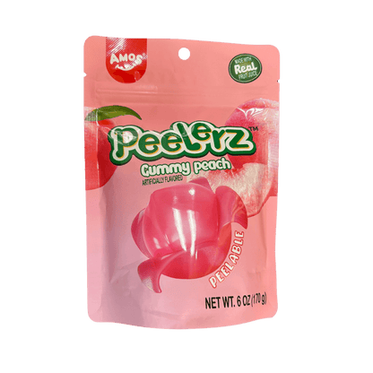 Sweet Palace Peelerz Peach candy in a 6 oz package, featuring peach-shaped gummy candies with a fruity flavor.