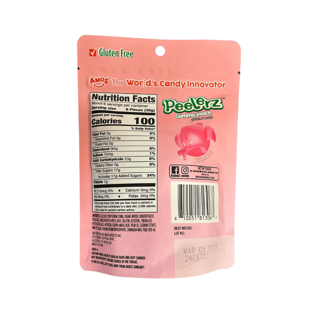 Peelerz Peach candy by Sweet Palace in a 6 oz bag, vibrant peach-flavored chewy candies with colorful packaging.