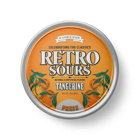 Colorful Retro Sours Tangerine candy from Sweet Palace showing vibrant tangerine-flavored sour candies in bright packaging.