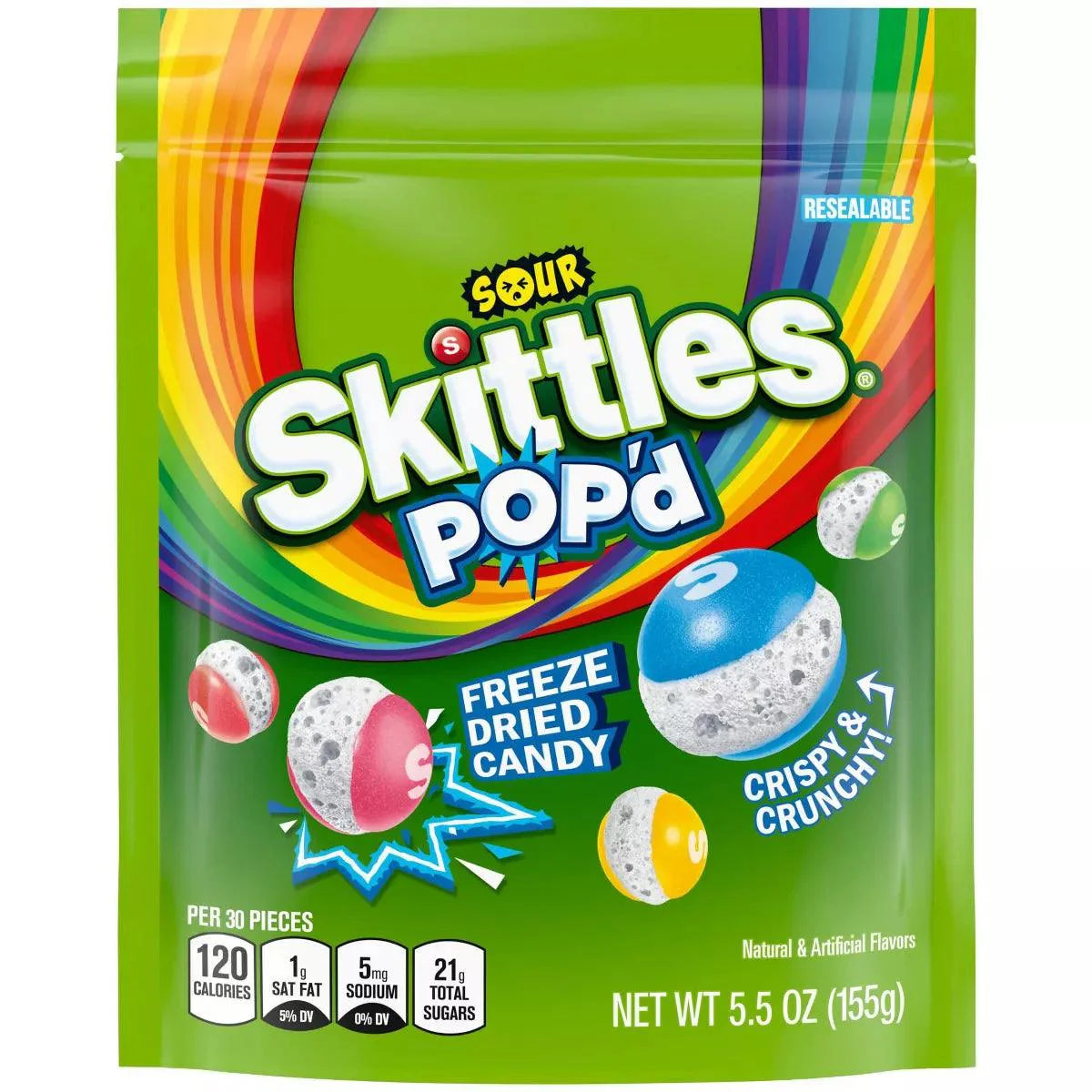 Colorful Skittles Pop'd Sour freeze-dried candy from Sweet Palace, showing vibrant, crispy candy pieces in a close-up shot.