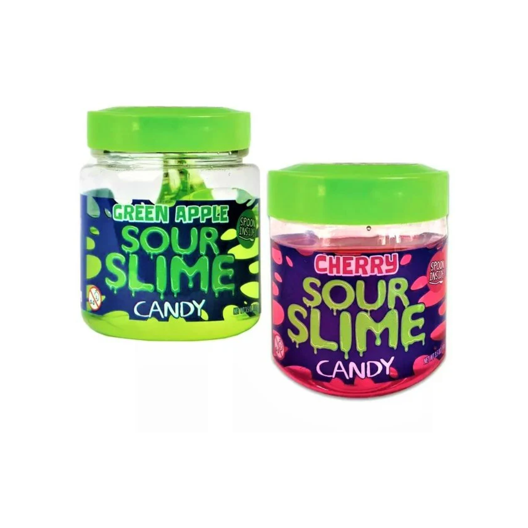 Bright green sour slime candy from Sweet Palace with a stretchy, gooey texture and tangy flavor, displayed in a close-up image.