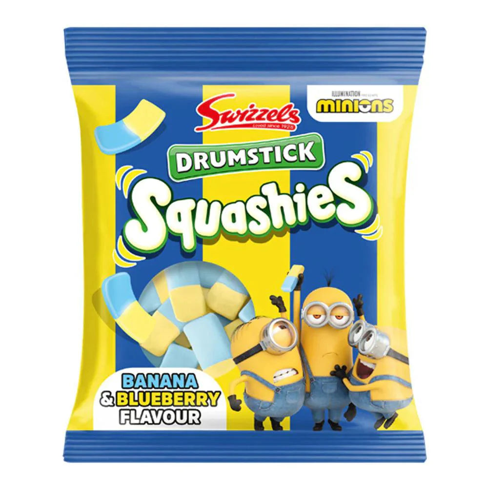 Banana and blueberry flavored Squashies Drumsticks candy by Sweet Palace, showing colorful striped candy sticks on a white background.