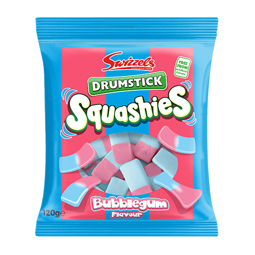 Sweet Palace Squashies Drumsticks candy with bubble gum flavor, showing colorful, chewy candy sticks in a playful display.