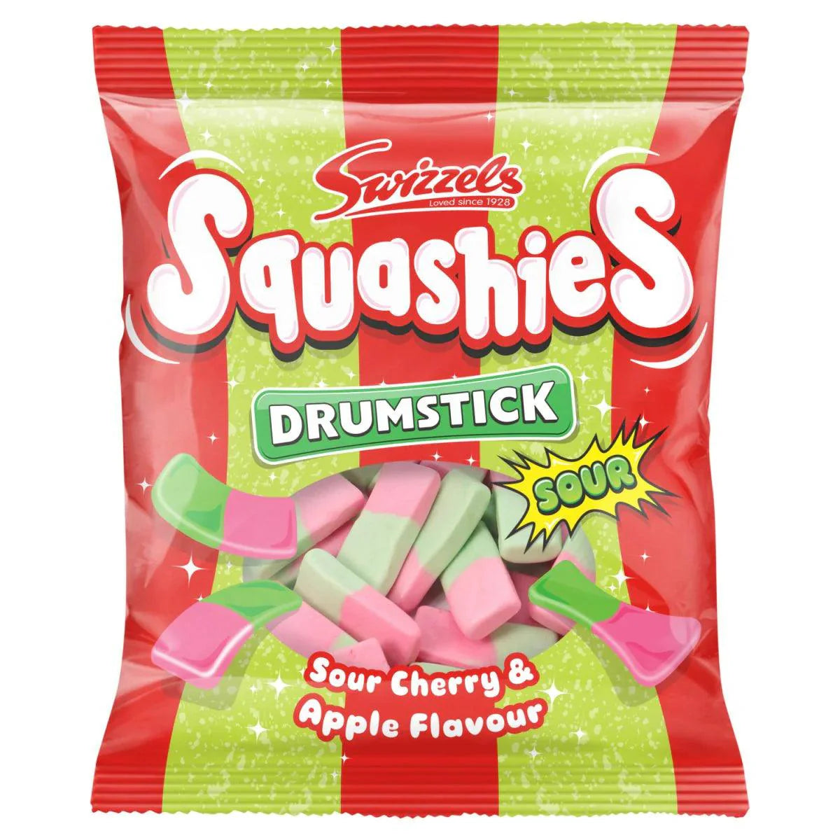 Sweet Palace Squashies Drumsticks candy with sour cherry and apple flavors, showing colorful, chewy candy sticks on the package.