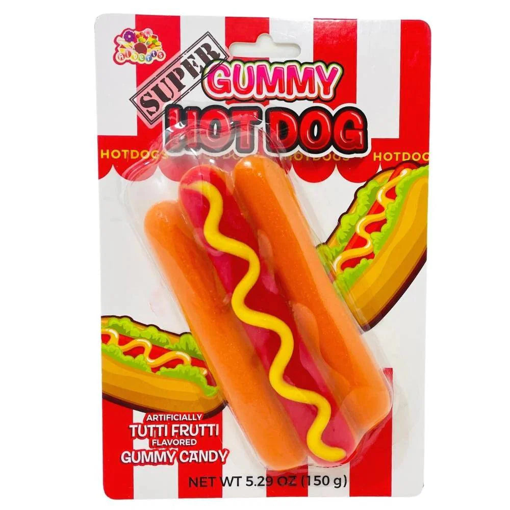 Super Gummy Hot Dog candy by Sweet Palace featuring colorful tutti frutti flavor and playful hot dog shape.
