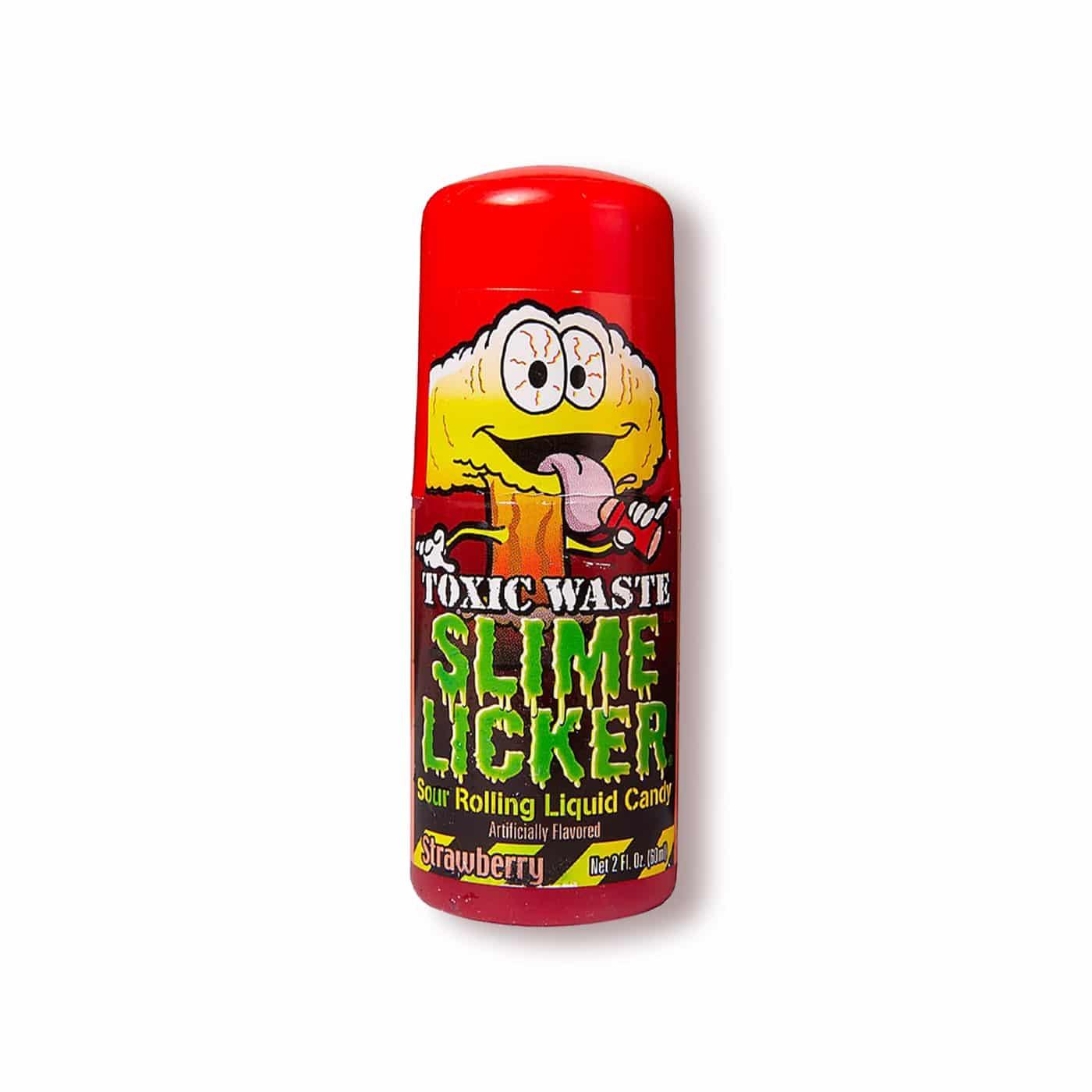 Red Razz Strawberry Toxic Waste Slime Licker 2.0 candy from Sweet Palace, showing the colorful, gooey slime candy in bright packaging.