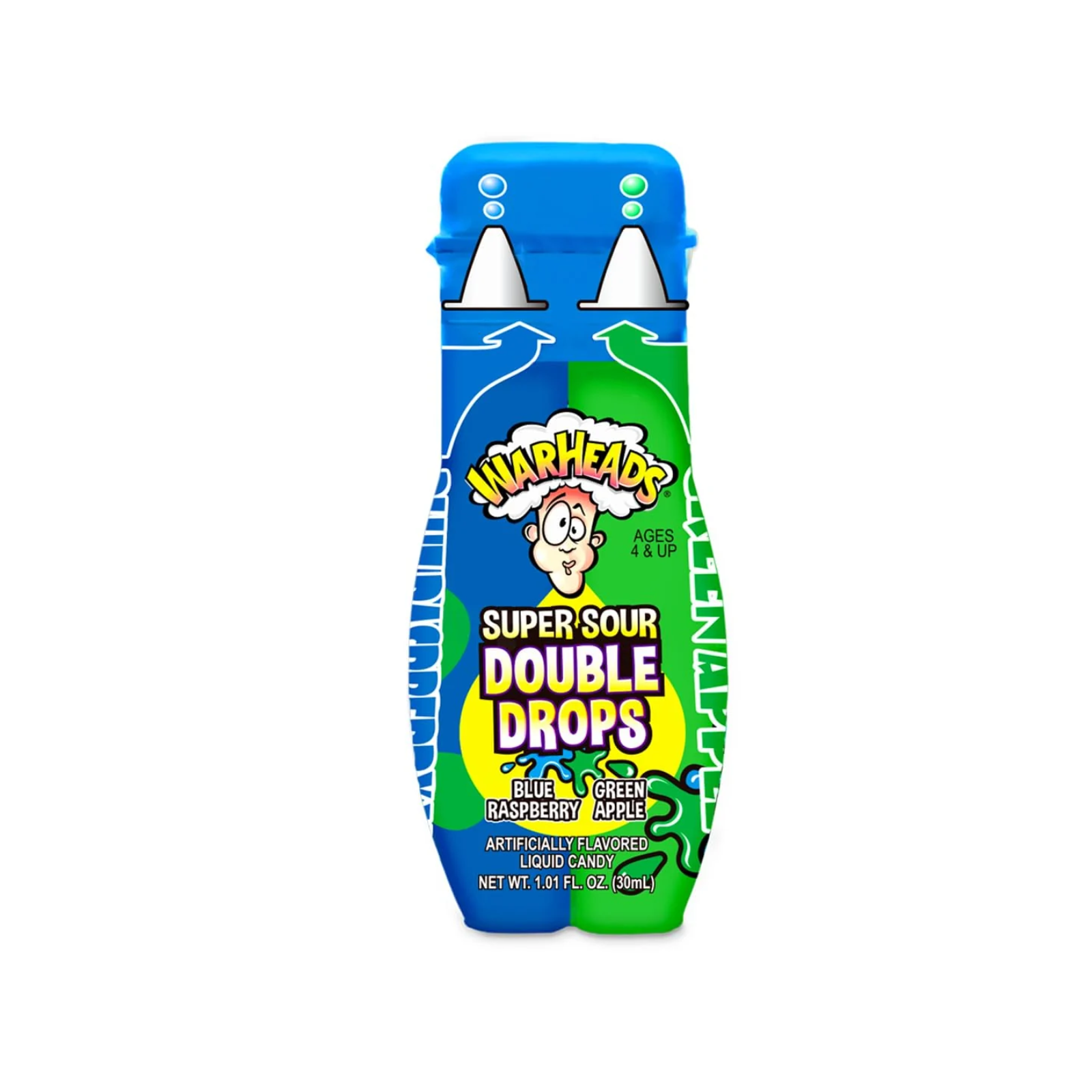 Warheads Double Drops candy in blue raspberry and green apple flavors, featuring colorful, chewy drops from Sweet Palace.