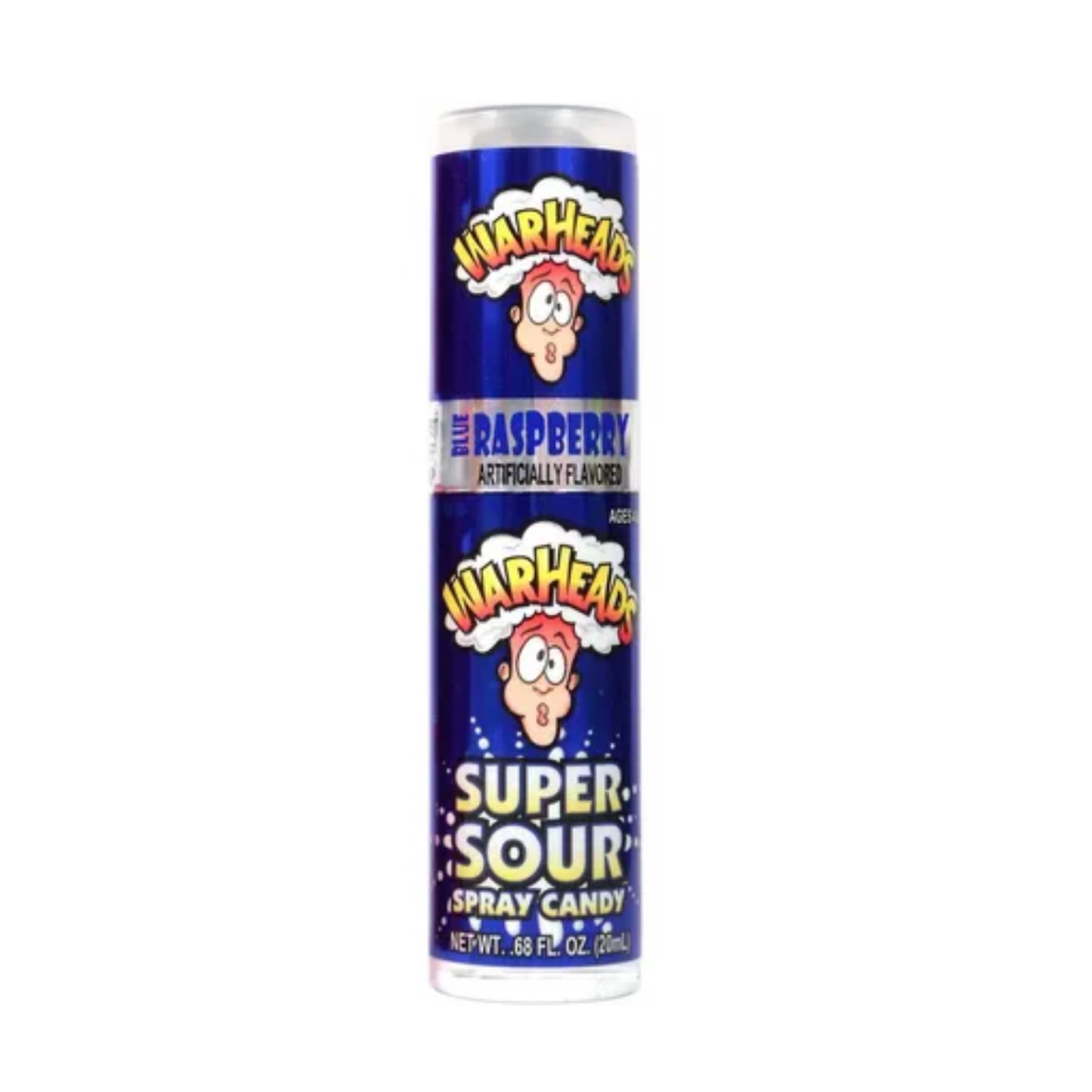 Blue raspberry Warheads spray candy from Sweet Palace, showing a colorful, flavorful candy spray bottle on a white background.