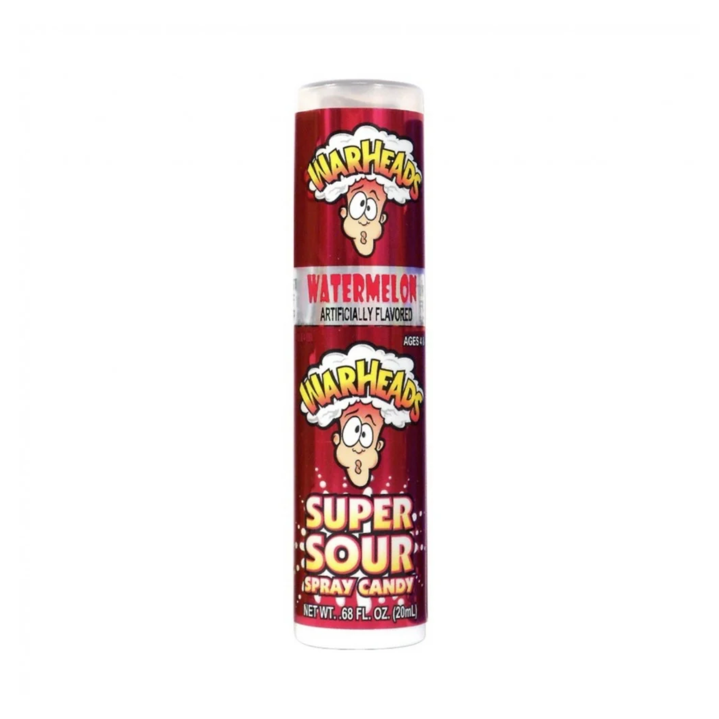 Warheads Spray Candy in Watermelon flavor, a bright red watermelon-shaped candy with a spray nozzle from Sweet Palace.