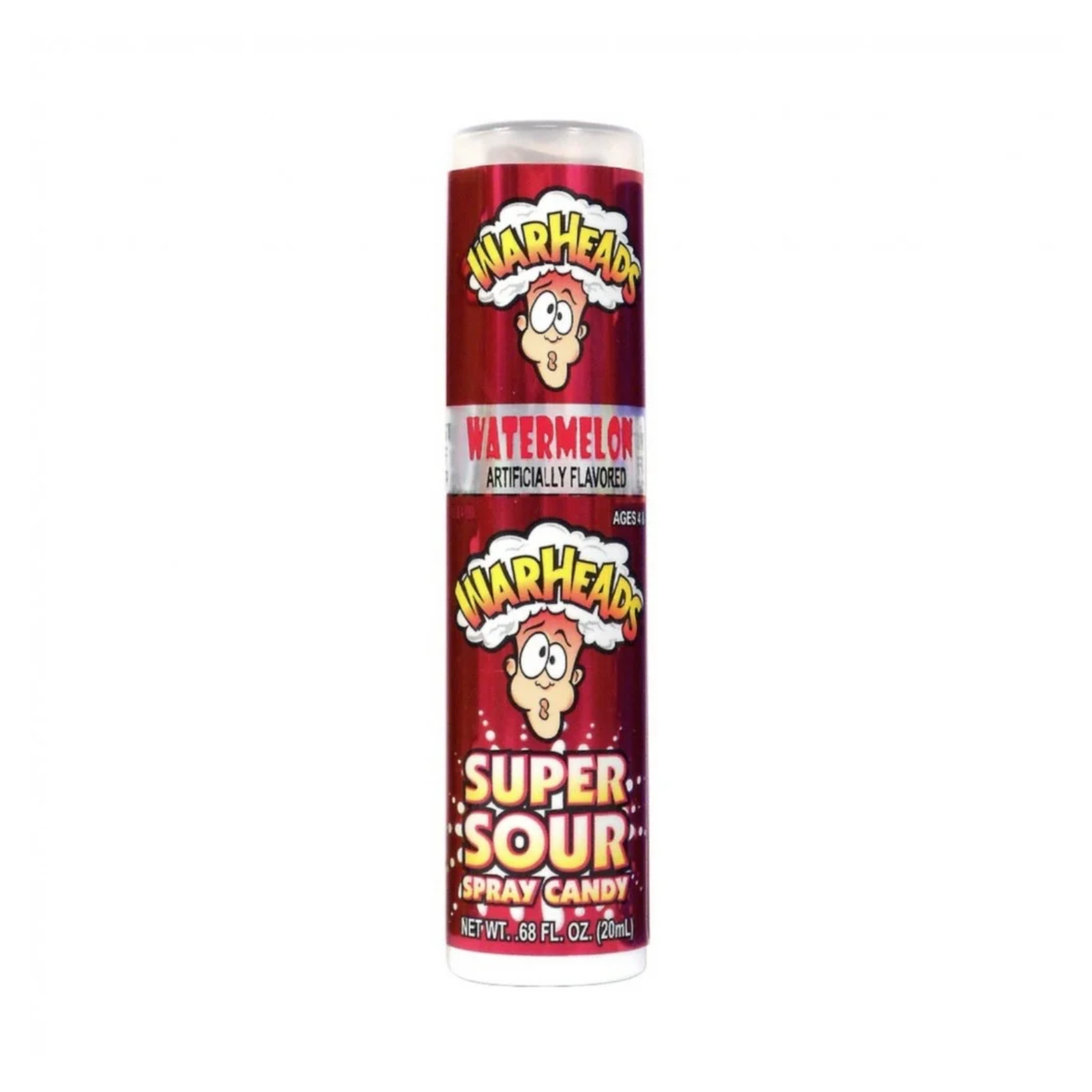 Warheads Spray Candy in Watermelon flavor, a bright red watermelon-shaped candy with a spray nozzle from Sweet Palace.