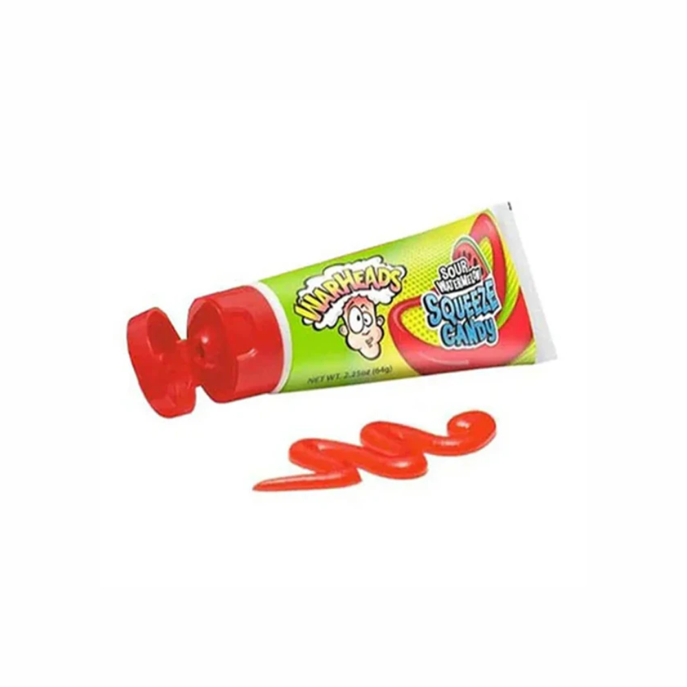 Watermelon Warheads Squeeze Candies by Sweet Palace in a clear plastic tube on a white background.