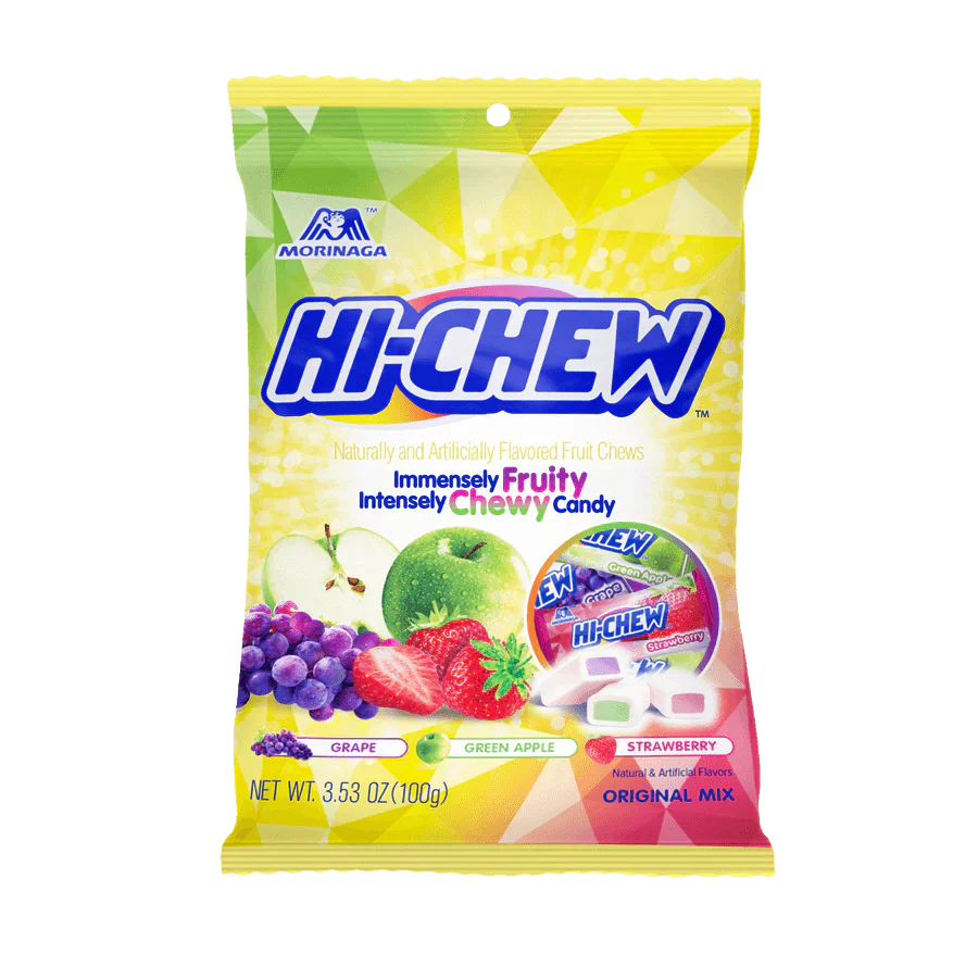 Assorted Hi-Chew candies from Sweet Palace in original mixed flavors, colorful chewy fruit candies on display.