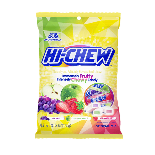 Assorted Hi-Chew candies from Sweet Palace in a colorful mixed-flavor bag, displaying chewy fruit-flavored candies.