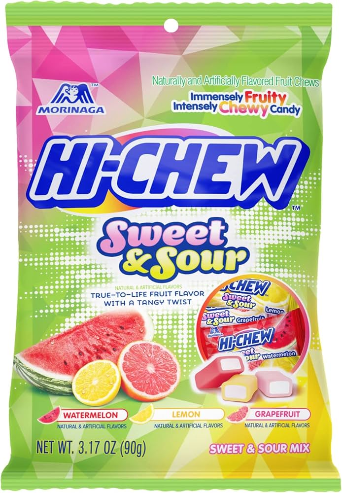 Assorted Hi-Chew candies by Sweet Palace in a colorful mix, showcasing chewy fruit-flavored candies in various vibrant colors.