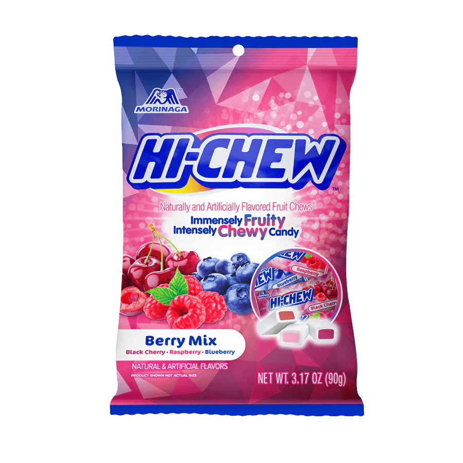 Assorted Hi-Chew candies in original mix by Sweet Palace, colorful chewy fruit-flavored candies on a white background.
