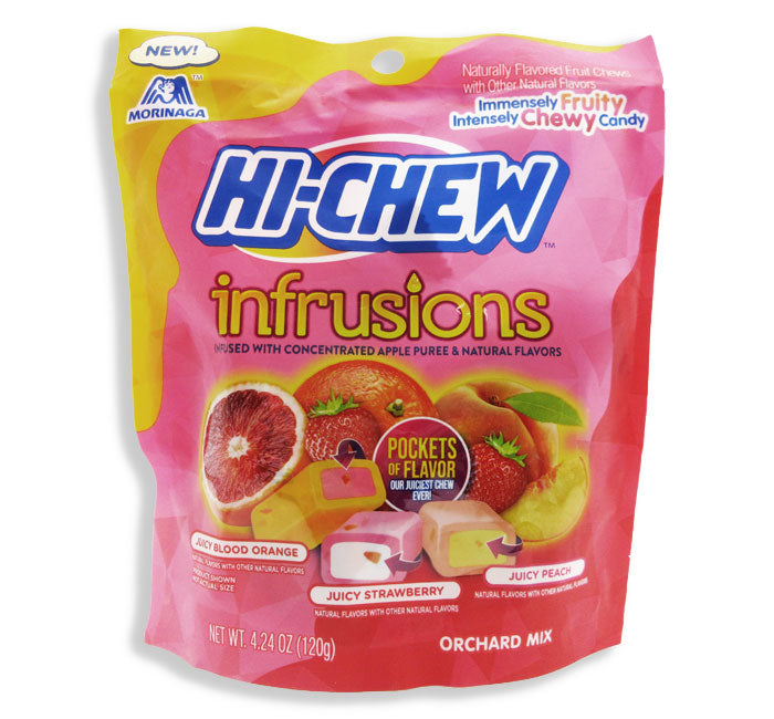 Assorted Hi-Chew candies in a variety of fruit flavors from Sweet Palace, colorful chewy candy pieces in a clear bag.
