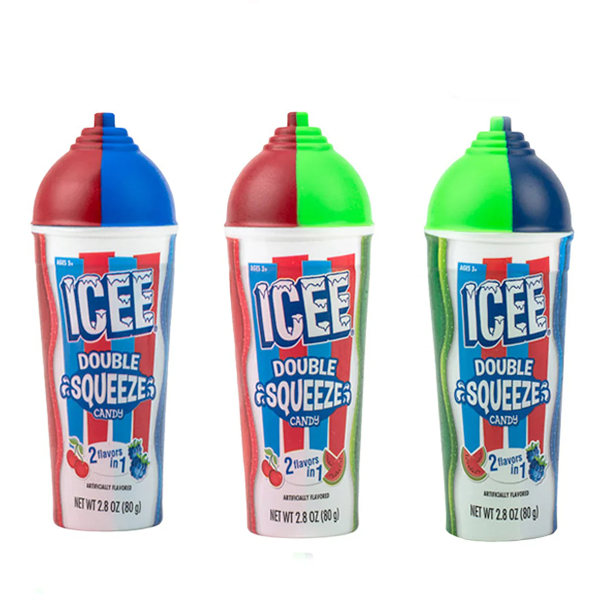 Sweet Palace Icee Spray & Squeeze Candy, colorful illustrated candy packaging with vibrant graphics and playful design.