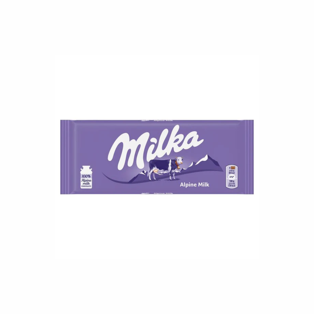Sweet Palace Milka chocolates candy with Alpine milk flavor, featuring purple packaging and chocolate pieces.