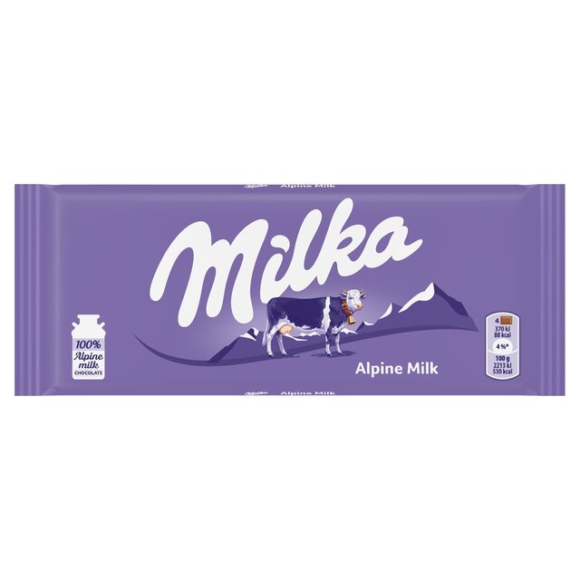 Sweet Palace Milka chocolates in Alpine Milk flavor, featuring a close-up of the candy with purple packaging and milk filling.