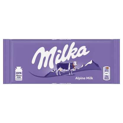 Sweet Palace Milka chocolates in Alpine Milk flavor, featuring a close-up of the candy with purple packaging and milk filling.