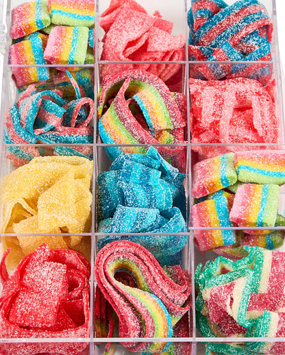 Assorted Sour Belts candy from Sweet Palace in vibrant colors, packed in a 1-2 lb bag, showcasing tangy, chewy candy strips.