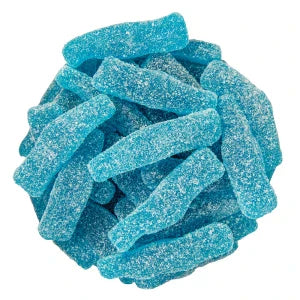 Colorful Sour Gummy Bottles candy by Sweet Palace, featuring blue razz flavor in bright, sour-coated gummy bottle shapes.