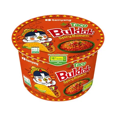Sweet Palace Buldak Ramen Bowl with spicy noodle soup and toppings, served in a stylish bowl.