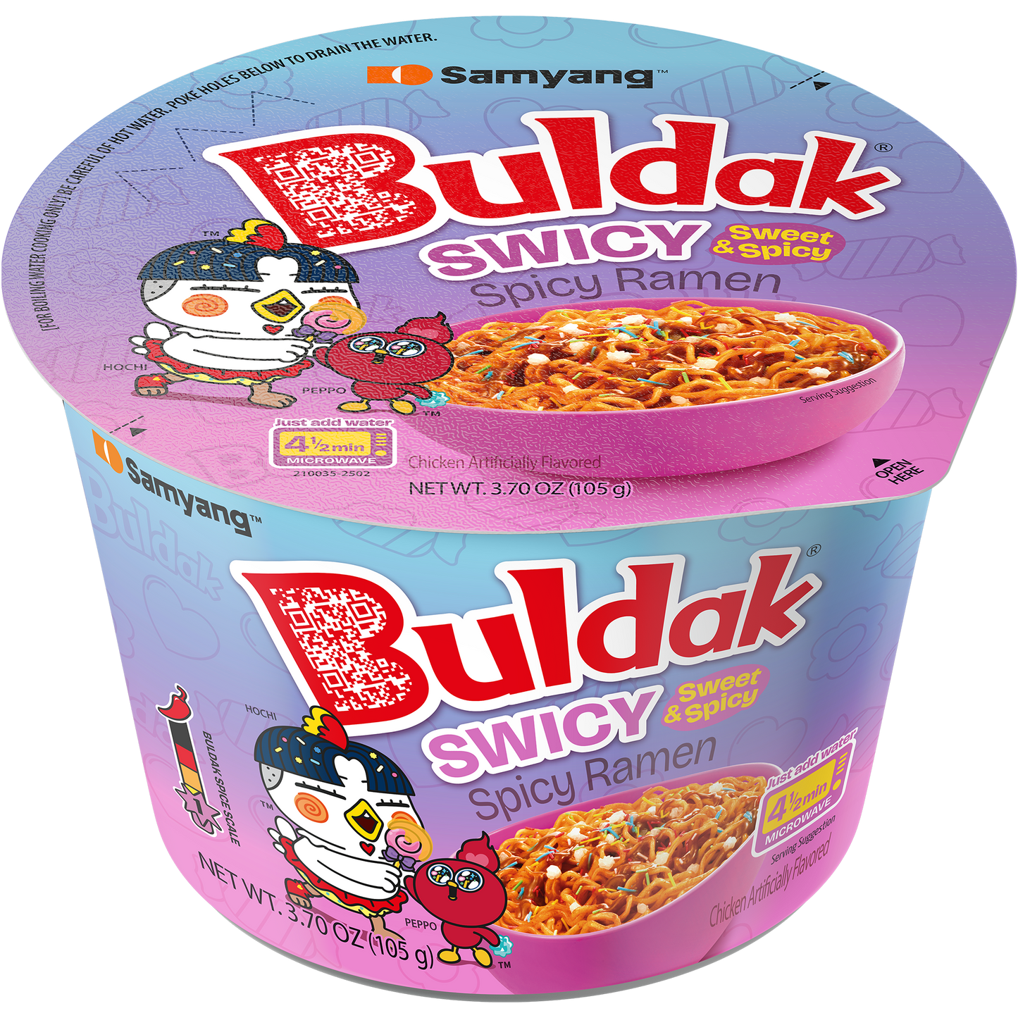 Sweet Palace Buldak Ramen Bowl with fiery spicy ramen noodles in a ceramic bowl, garnished with herbs and sliced vegetables.
