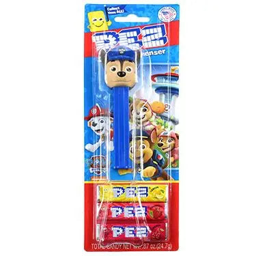 PEZ dispenser featuring Chase from Paw Patrol by Sweet Palace, with Chase dressed in his police uniform and hat.
