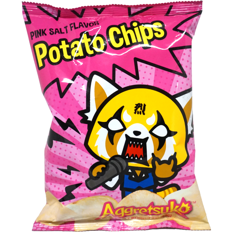 Sweet Palace AGGRETSUKO pink salt flavor potato chips in a colorful bag, showcasing crispy chips with pink salt seasoning.