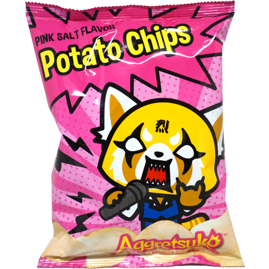 Sweet Palace Aggretsuko pink salt flavor potato chips in a colorful bag, showing crispy chips with pink salt seasoning.