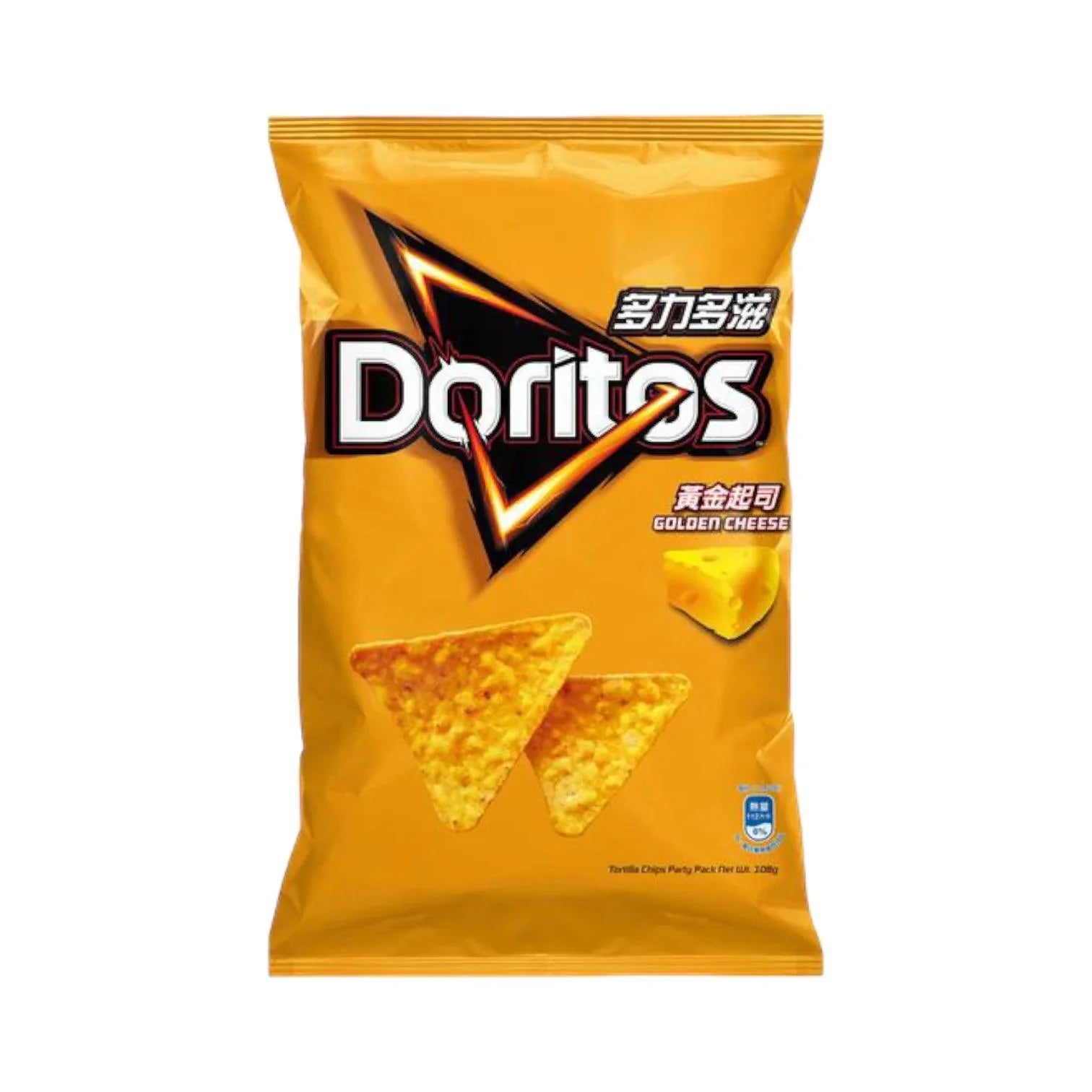 Golden cheese-flavored Doritos chips by Sweet Palace, crispy snack with cheesy seasoning in a close-up image.