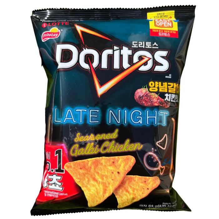 Sweet Palace Doritos Late Night Seasoned Galbi Chicken chips in a colorful bag, showcasing crispy chips with seasoned Galbi flavor.