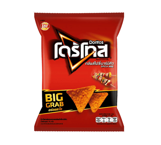 Spicy BBQ Doritos chips by Sweet Palace, showing vibrant, seasoned triangular corn chips with bold flavor seasoning.