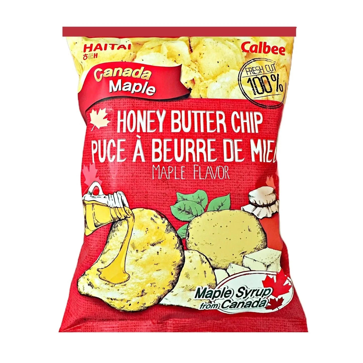 Sweet Palace Haitai Honey Butter Maple Flavor chips in a colorful bag with images of honey, butter, and maple syrup on the packaging.