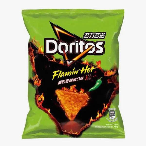 Spicy imported Doritos Flamin' Hot Jalapeno chips in bright orange packaging with jalapeno illustrations, from Sweet Palace.