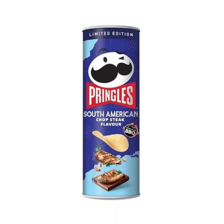 Imported Pringles American Chop Steak chips by Sweet Palace, showing crispy, seasoned potato chips with American chop steak flavor.