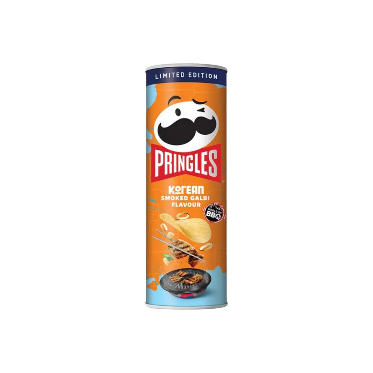 Imported Pringles Korean Smoked Galbi chips from Sweet Palace, showing a colorful bag of savory, smoked-flavored potato chips.