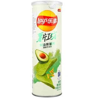 Lays Avocado & Mustard flavored chips in a Sweet Palace can, showing the colorful packaging and chips inside.