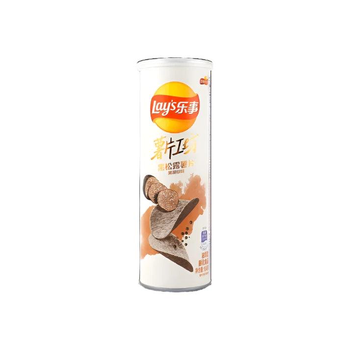Sweet Palace Lays Black Truffle Chips can with black and gold design, showcasing the snack container on a white background.