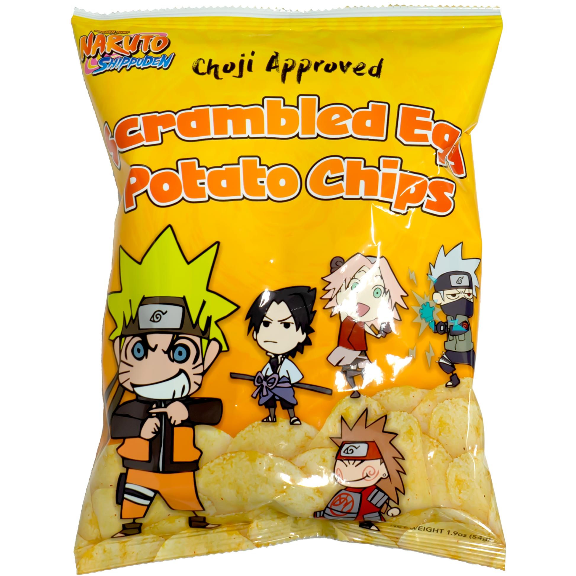Sweet Palace Naruto Shippuden scrambled egg potato chips in a colorful bag, showcasing vibrant packaging and crispy chips inside.