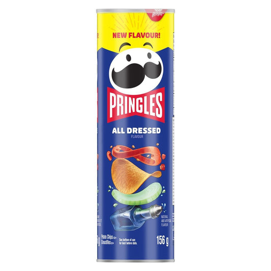 Sweet Palace Pringles All Dressed Up chips in a can, showing ridged, seasoned potato chips with colorful packaging.